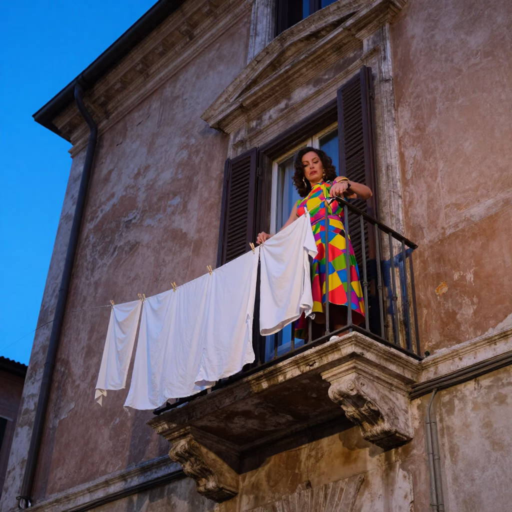 Blue Hour Roman Balcony Laundry Hanging with Colorful Fashion Details in in Rome, Italy