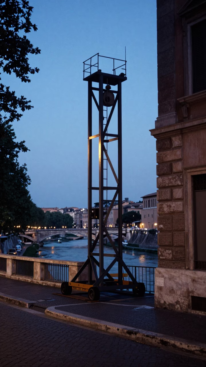 Blue Hour Rome Street Scene with Bridge Maintenance Cradle and River Tiber in in Rome, Italy