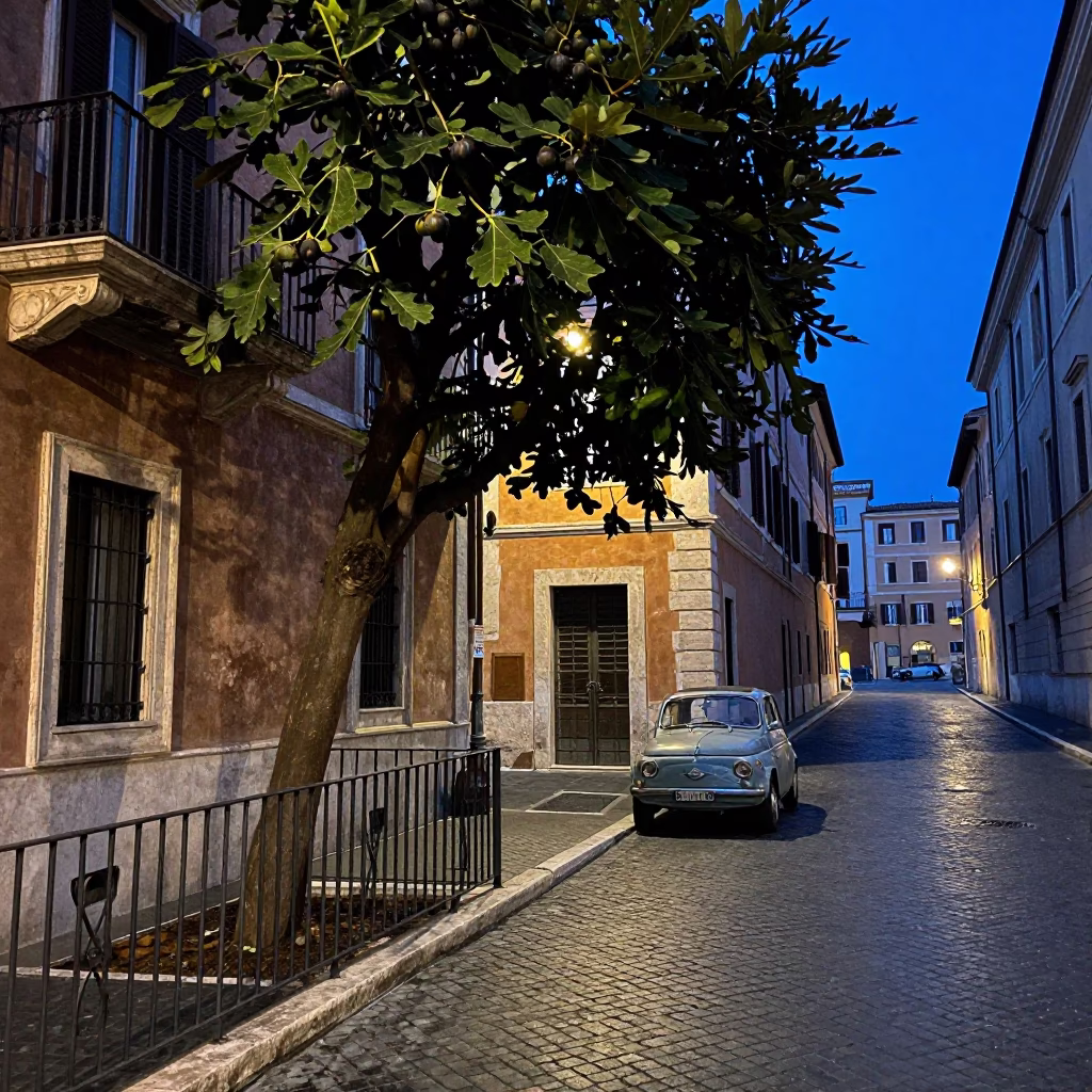 Blue Hour Rome Street Scene with Fig Tree and Vintage Car in in Rome, Italy