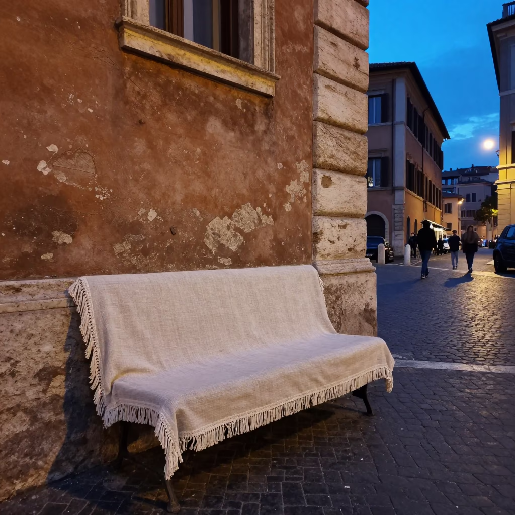 Blue Hour Rome Street Scene with Linen Fringe Bench and Vintage Toolbox in in Rome, Italy