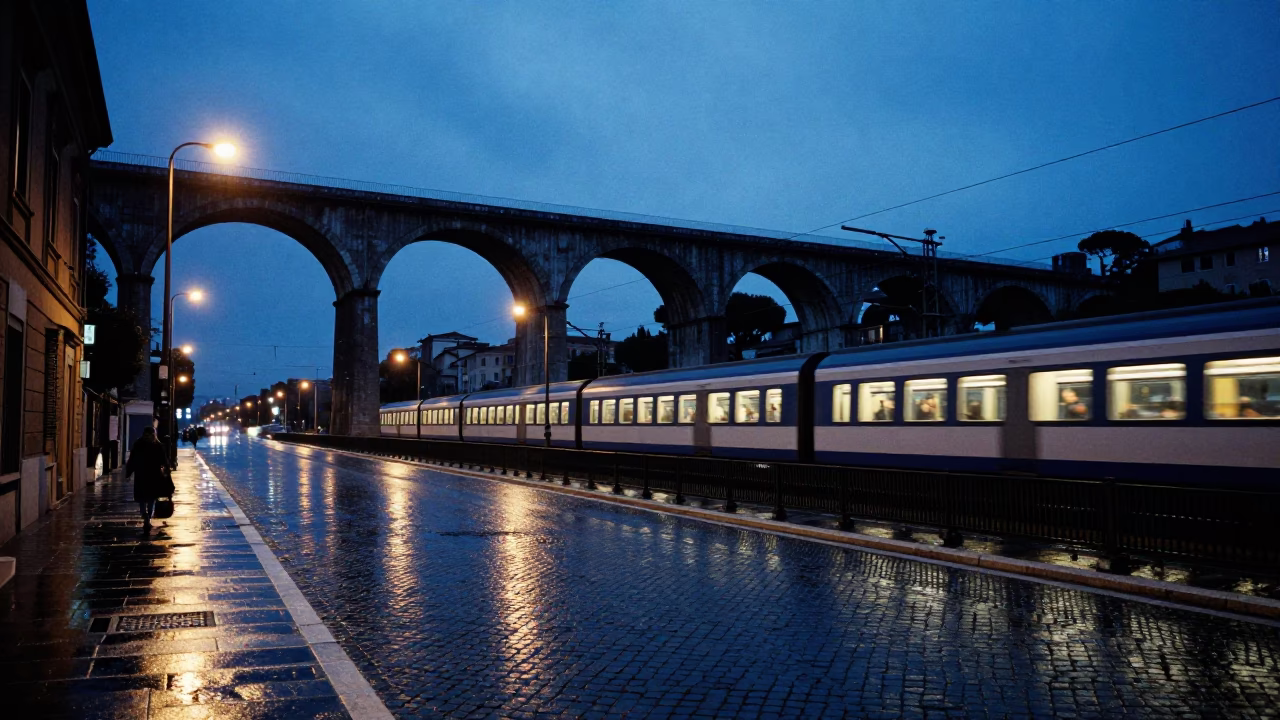Blue Hour Rome Street Scene with Railway Viaduct and Passing Train in in Rome, Italy