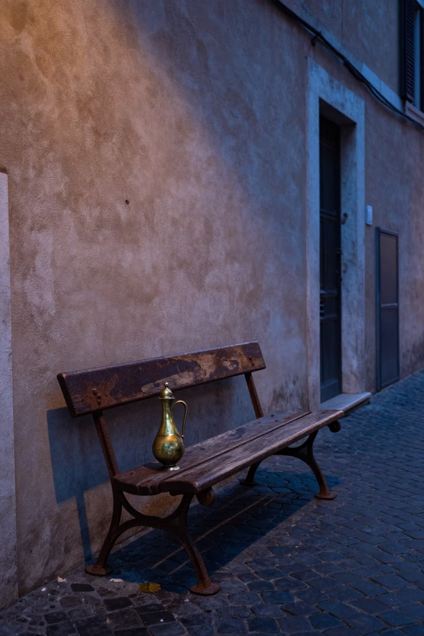 Blue Hour Rome Street Scene with Rusty Bench and Vintage Brass Microscope in in Rome, Italy