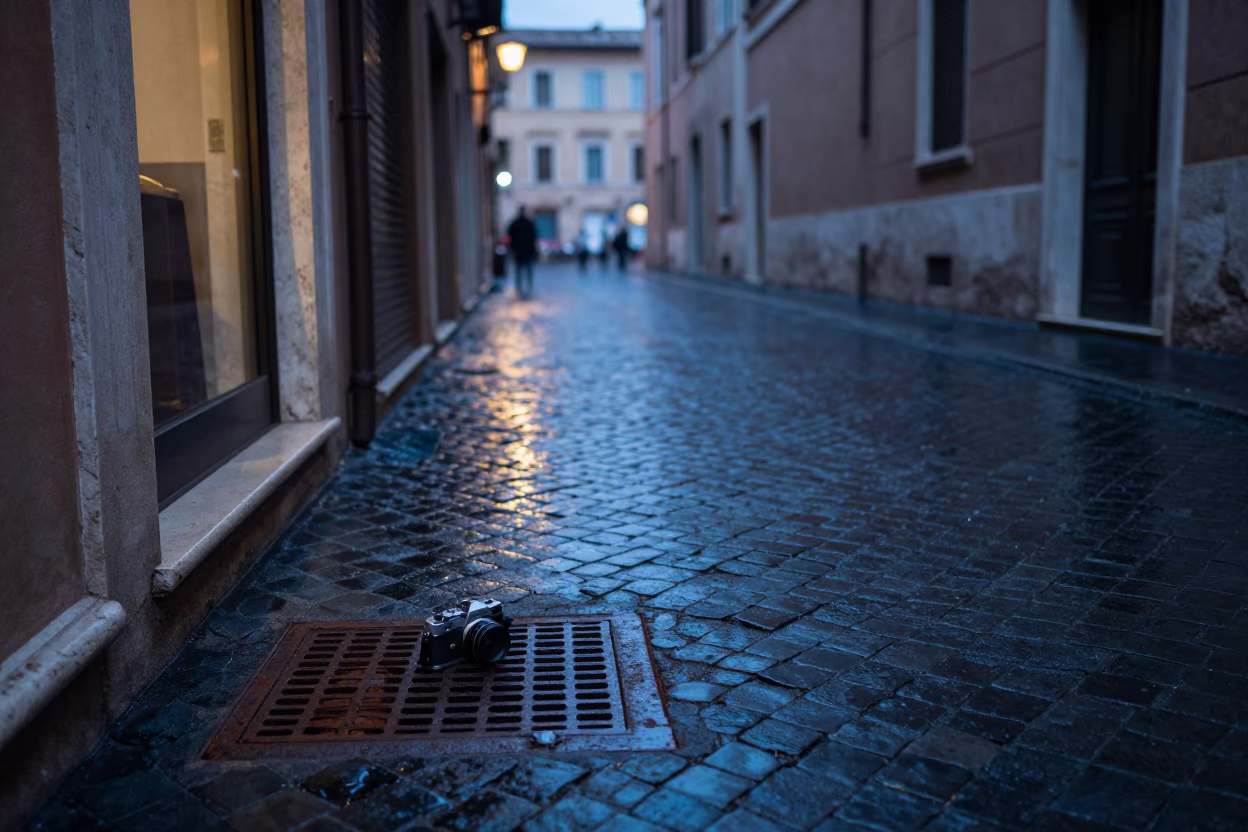 Blue Hour Rome Street Scene with Rusty Drain and Vintage Camera in in Rome, Italy