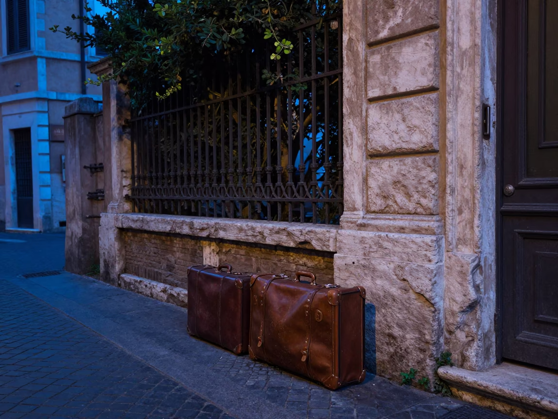 Blue Hour Rome Street Scene with Suitcases and Garden Gate in in Rome, Italy