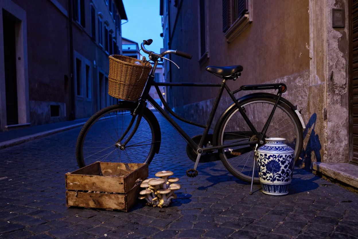 Blue Hour Rome Street Scene with Vintage Bicycle and Porcelain Jar in in Rome, Italy