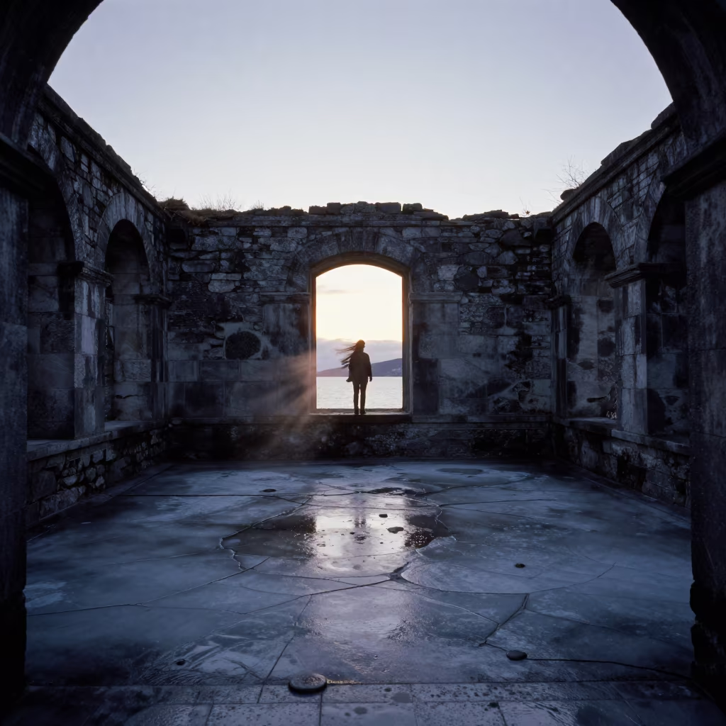 Blue Hour Ruin of Melted Ice in Roofless Hammam in inside a roofless hammam in Norway