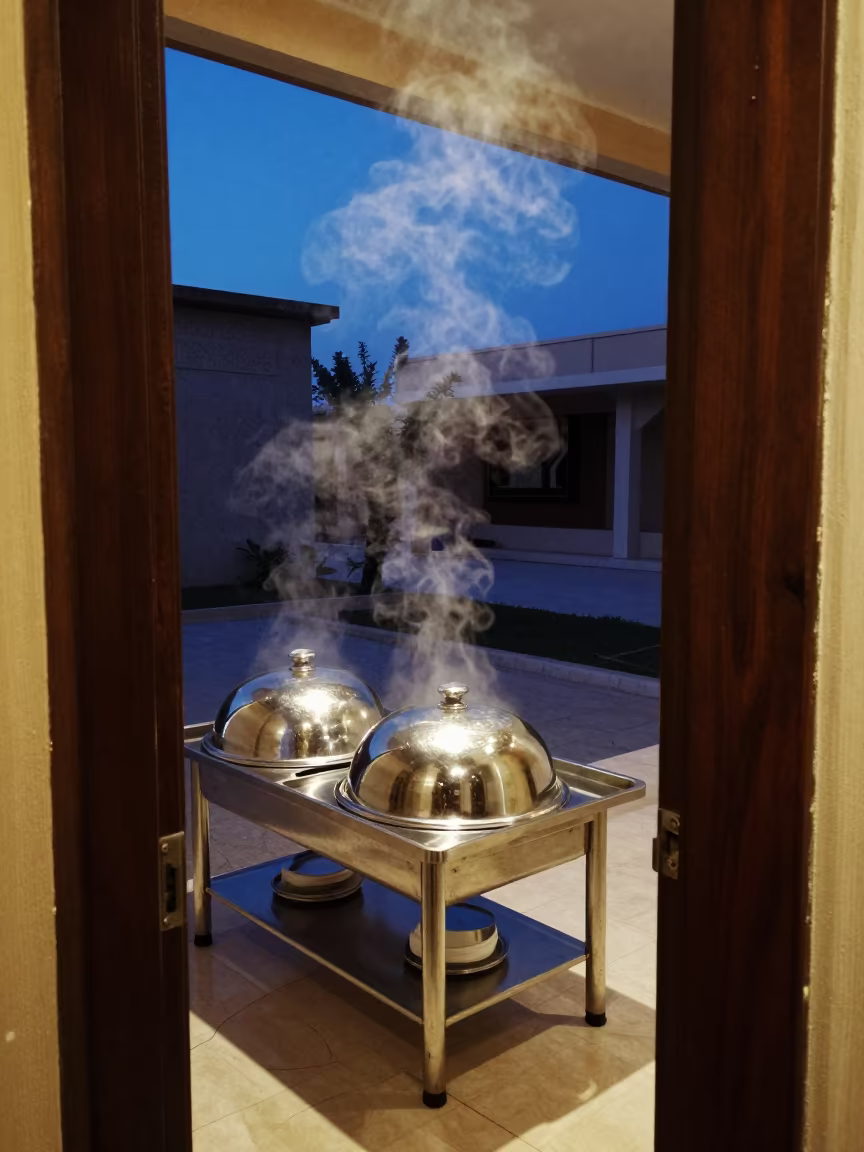 Blue Hour Room Service Staging Shelf Steaming in in a quiet guest corridor near Ramadi