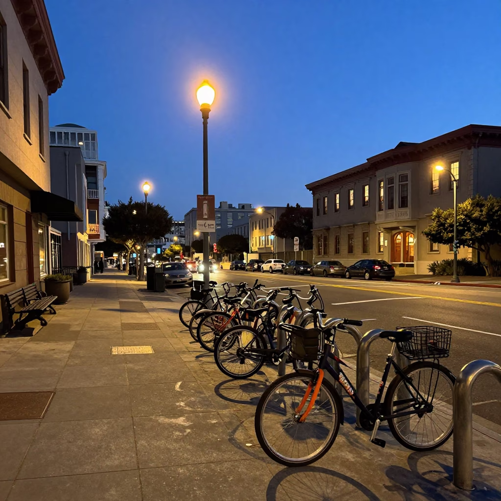 Blue Hour San Francisco Street Scene with Bicycle Rack and City Lights in in San Francisco, California, United States