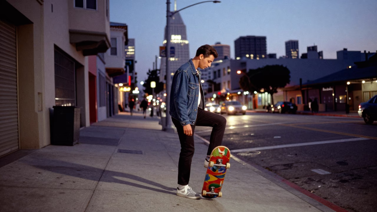 Blue Hour San Francisco Street Scene with Skateboarder and Urban Details in in San Francisco, California, United States