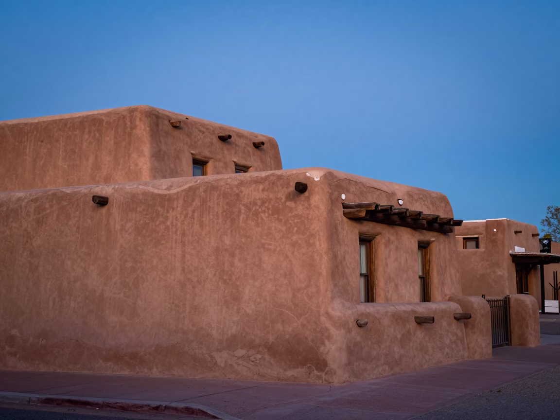 Blue Hour Santa Fe Adobe Architecture and Street Scene in in Santa Fe, New Mexico, United States