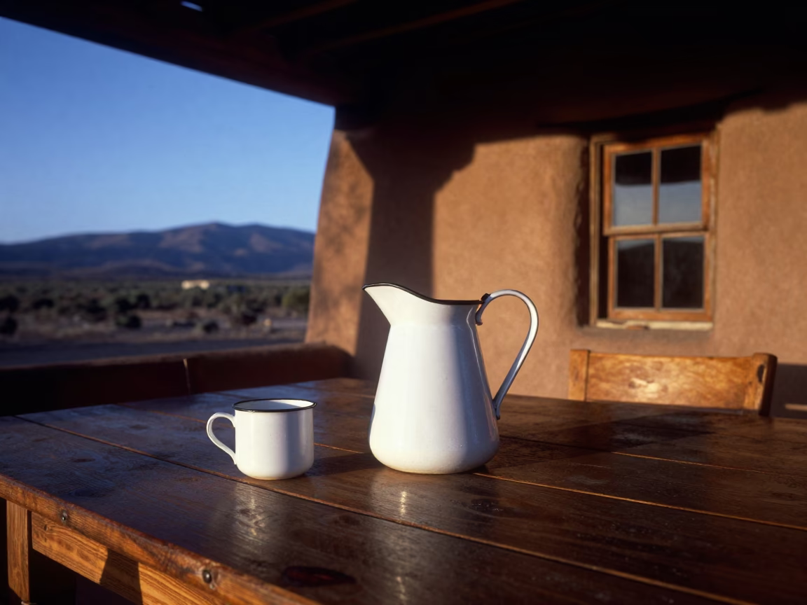 Blue Hour Santa Fe Adobe Interior Enamel Pitcher and Espresso Cup in in Santa Fe, New Mexico, United States