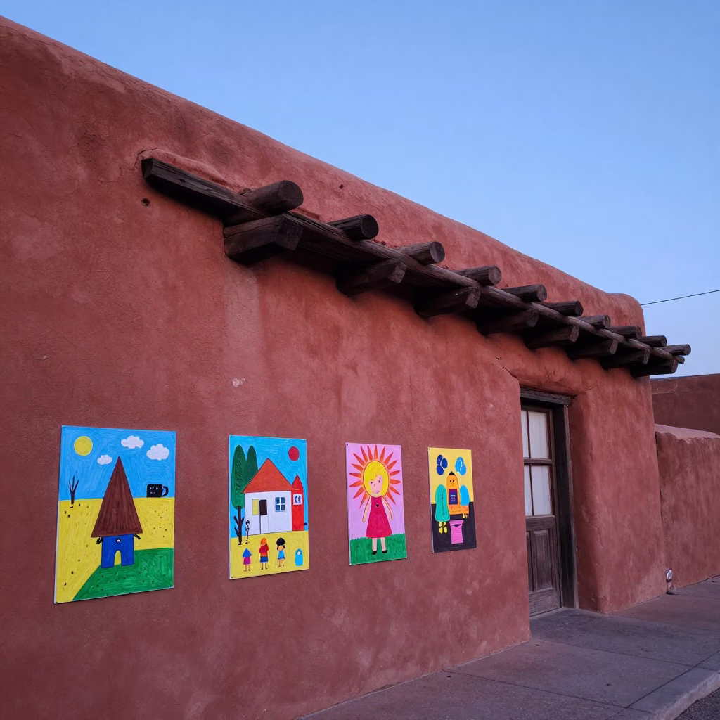 Blue Hour Santa Fe Adobe Street Scene with Colorful Preschool Art and Local Details in in Santa Fe, New Mexico, United States
