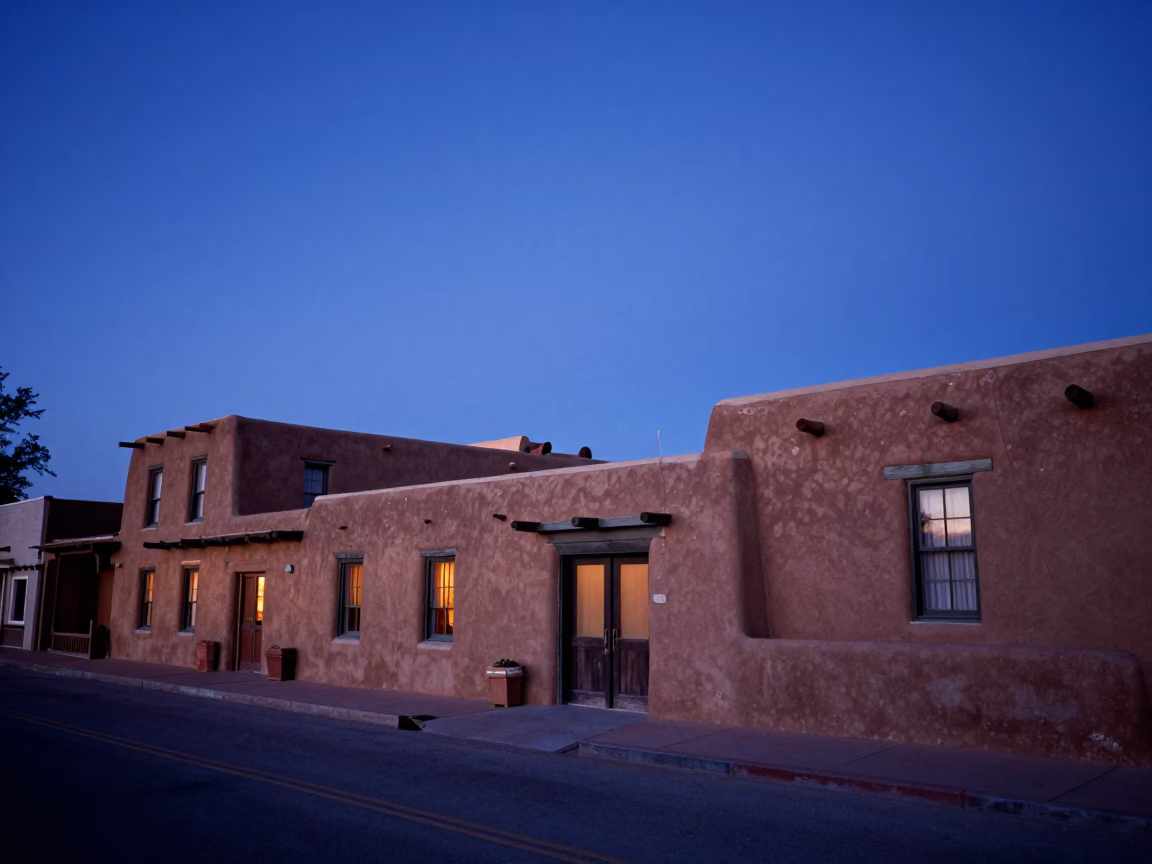 Blue Hour Santa Fe New Mexico adobe architecture and twilight street scene in in Santa Fe, New Mexico, United States