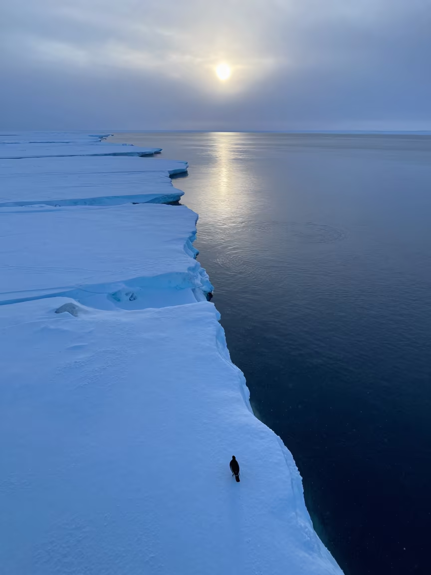 Blue Hour Sea Ice Shelf Edge with Falling Snow in along a wave-cut shoreline in Northwest Territories