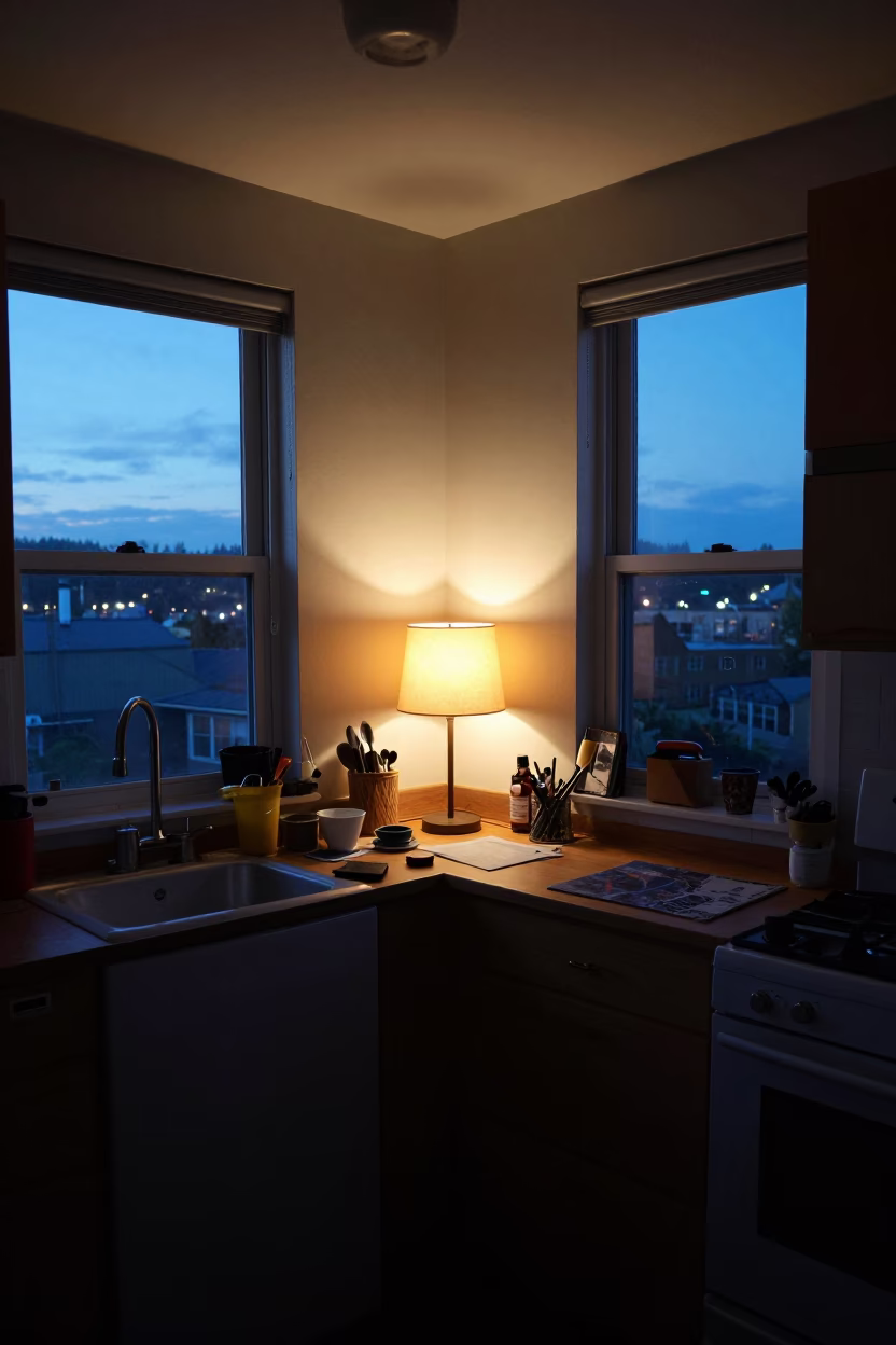 Blue Hour Seattle Apartment Kitchen with Water Rings and Bedside Lamp in in Seattle, Washington, United States