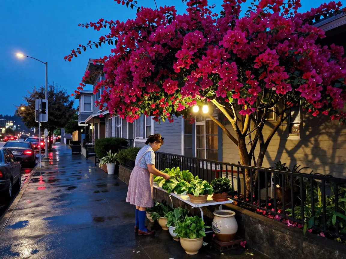 Blue Hour Seattle Street Scene with Bougainvillea and Houseplants in in Seattle, Washington, United States