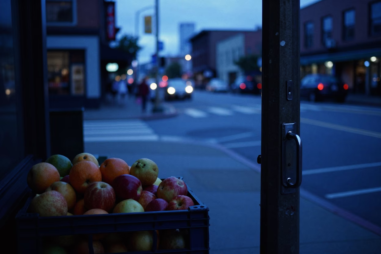 Blue Hour Seattle Street Scene with Fruit Crate and Door Handle in in Seattle, Washington, United States