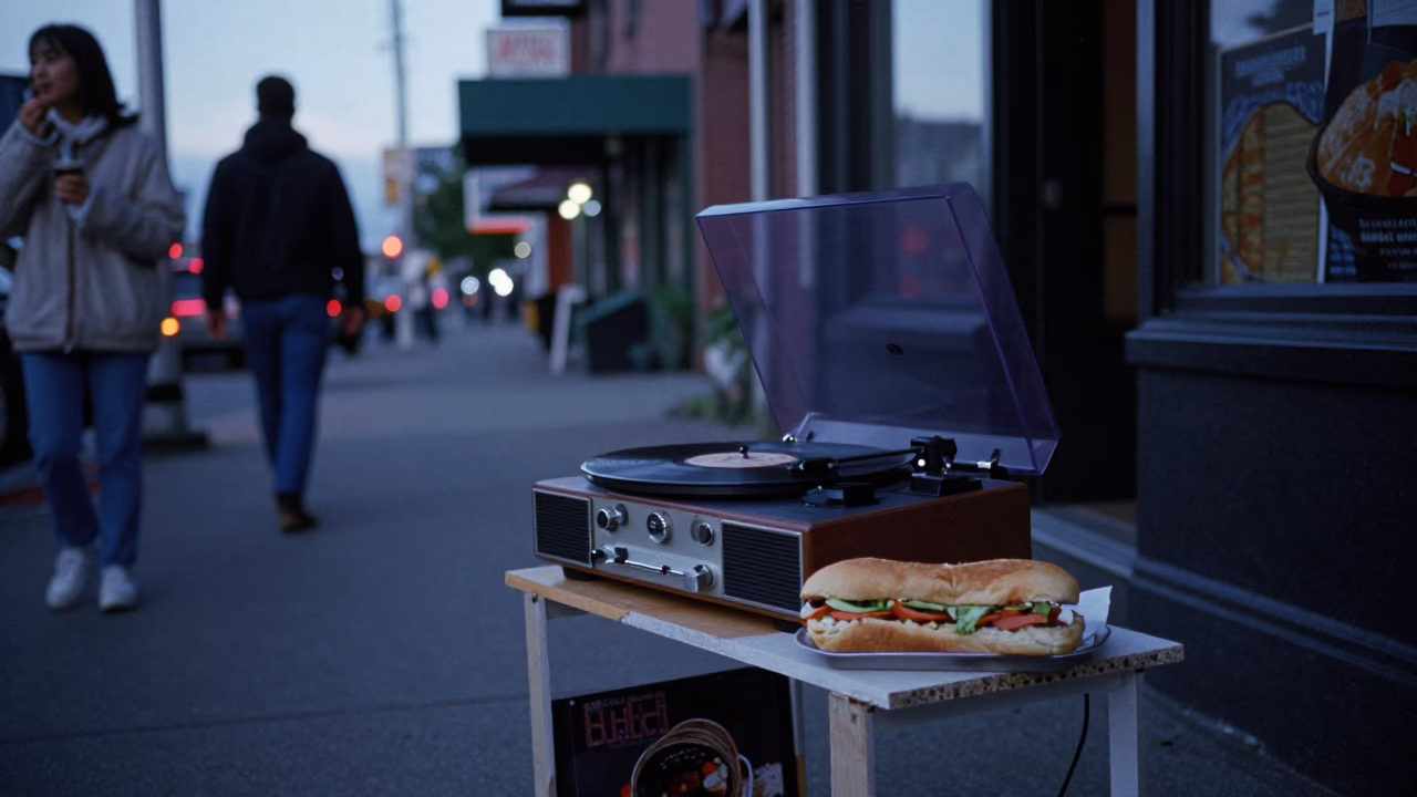 Blue Hour Seattle Street Scene with Record Player and Banh Mi in in Seattle, Washington, United States