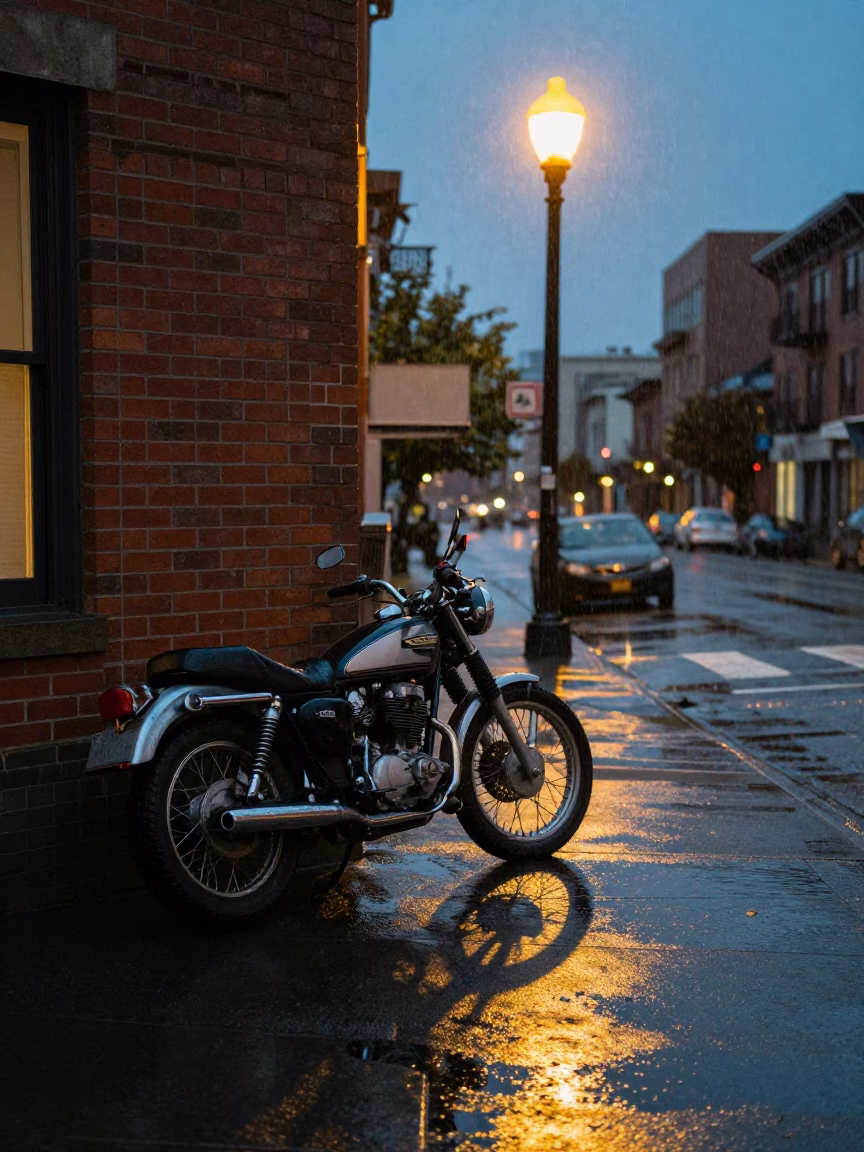 Blue Hour Seattle Street Scene with Vintage Motorcycle and Rain-Slicked Urban Reflections in in Seattle, Washington, United States