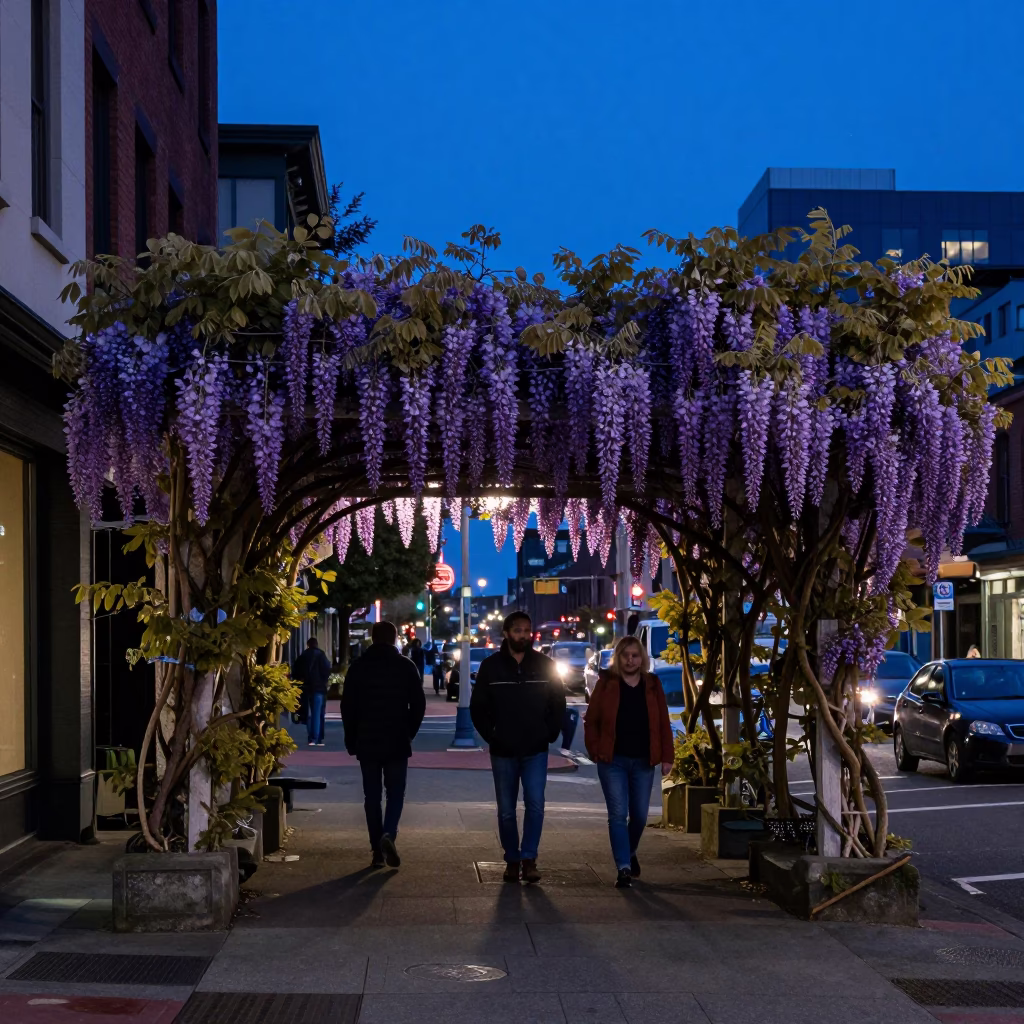 Blue Hour Seattle Street Scene with Wisteria Tunnel and Urban Architecture in in Seattle, Washington, United States