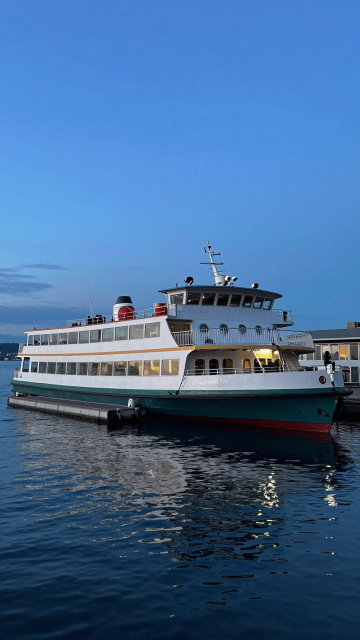 Blue Hour Seattle Water Taxi at Floating Dock with Pour-Over Coffee in in Seattle, Washington, United States