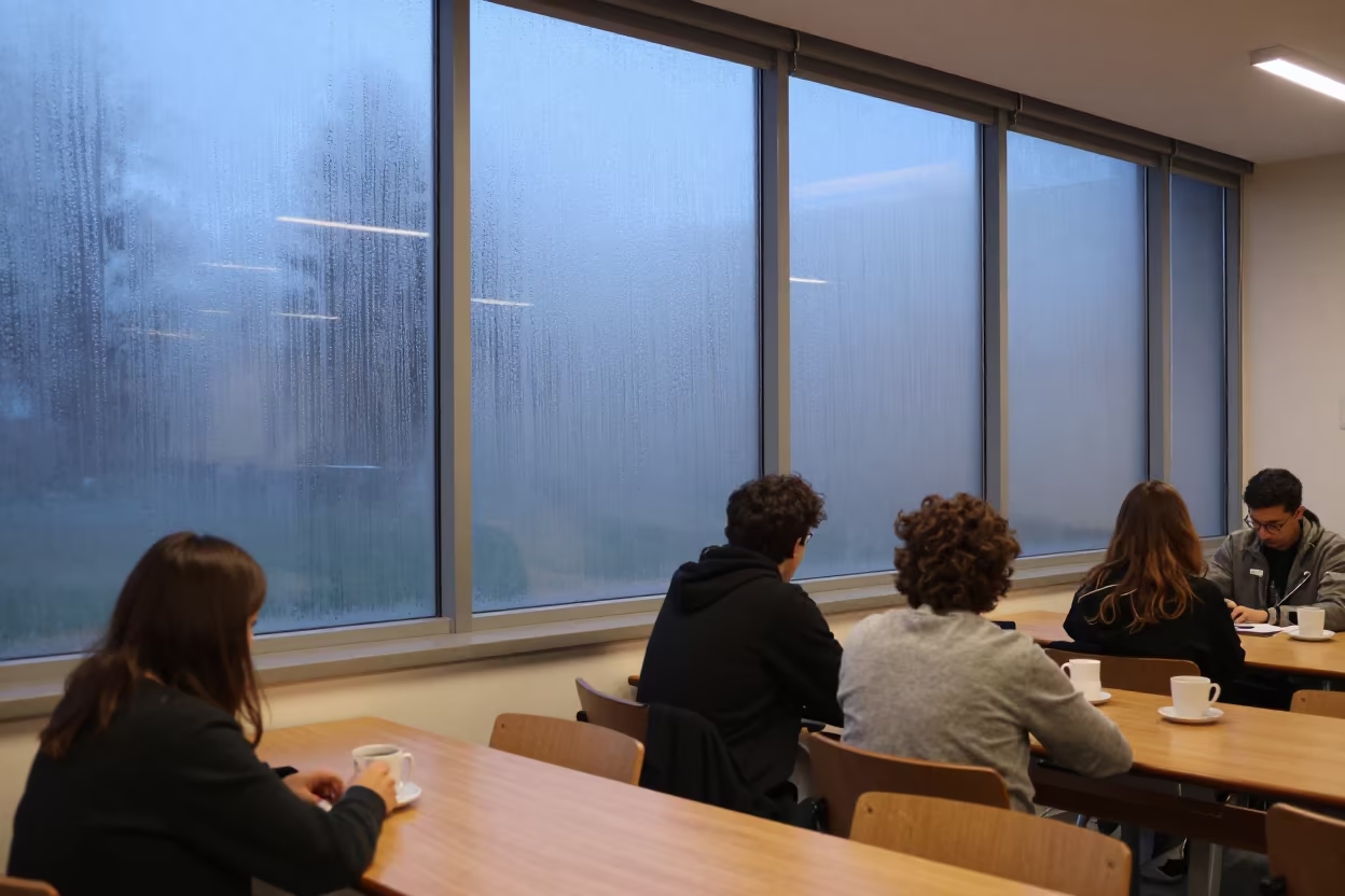 Blue Hour Seminar Window Fog Sidon Lab in in a school laboratory near Sidon