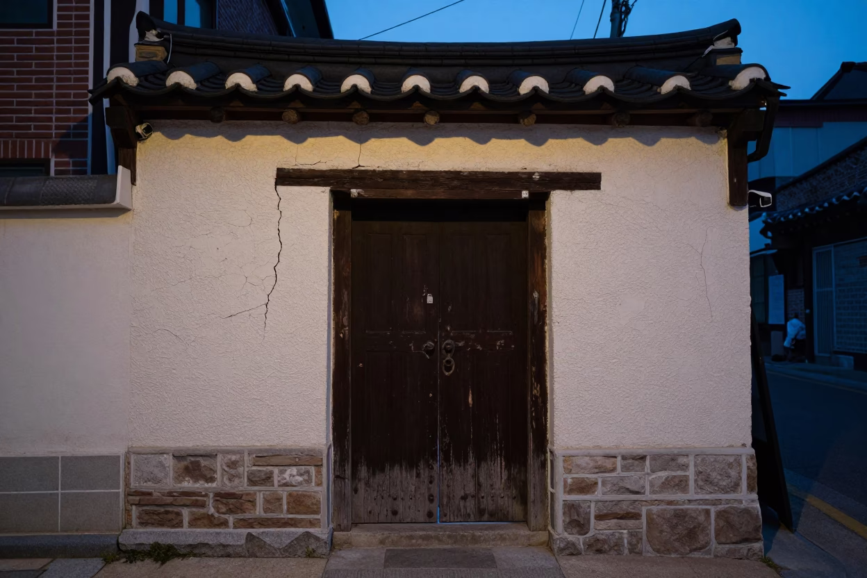 Blue Hour Seoul Street Scene with Cracked Stucco and Doorframe in in Seoul, South Korea