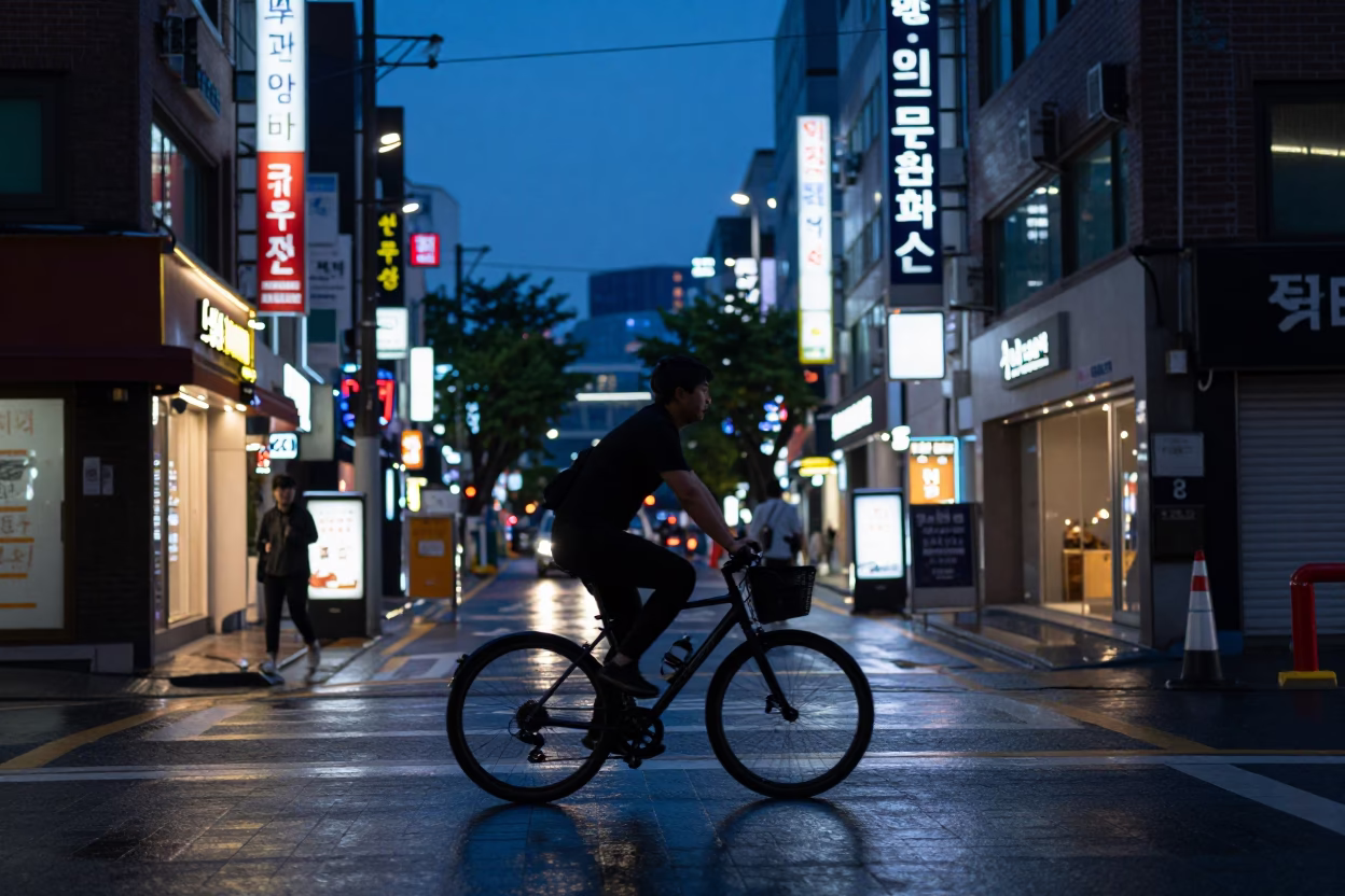 Blue Hour Seoul Street Scene with Cyclist and Urban Elements in in Seoul, South Korea