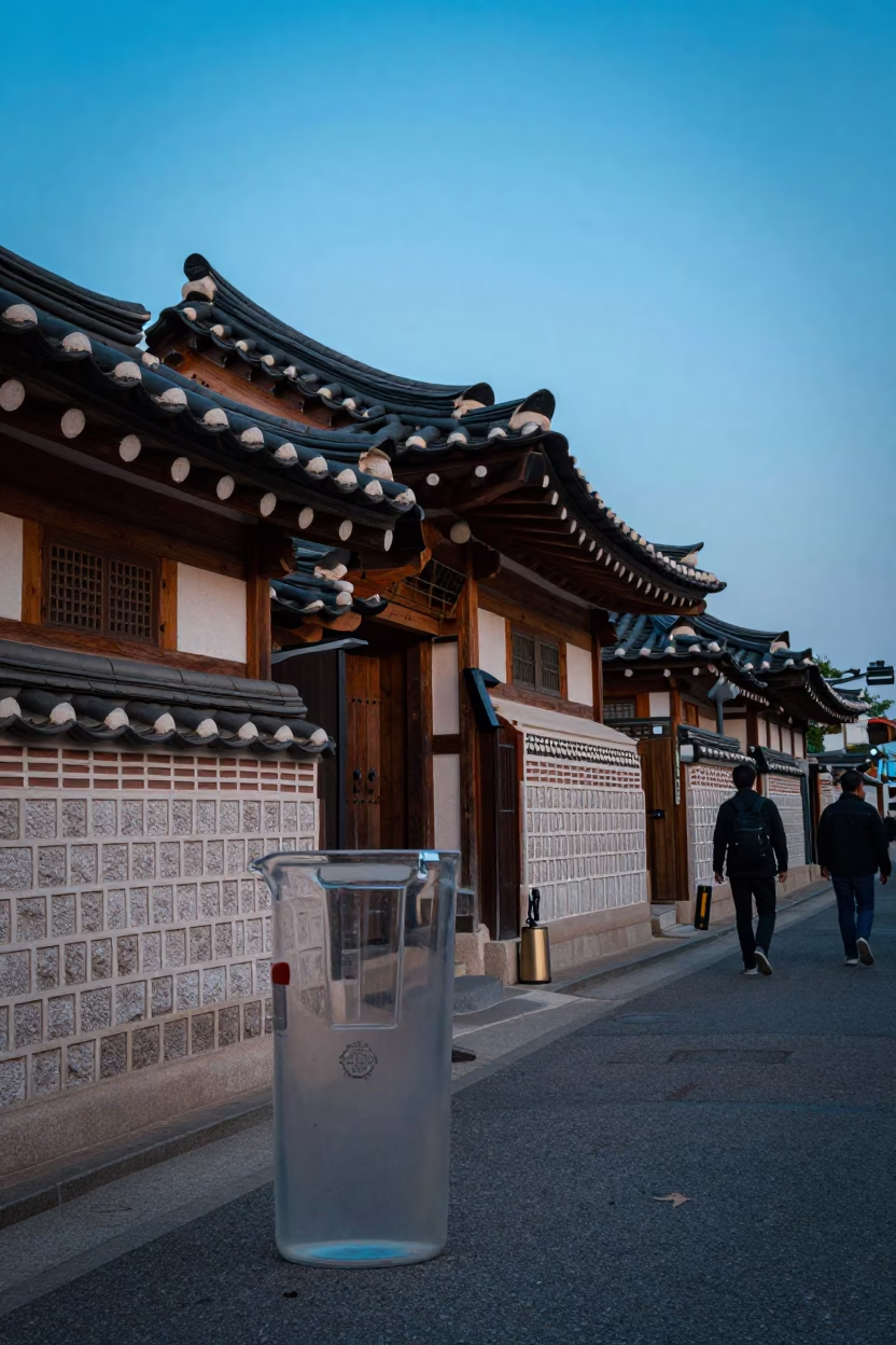 Blue Hour Seoul Street Scene with Glass Pitcher and Traditional Hanok Architecture in in Seoul, South Korea