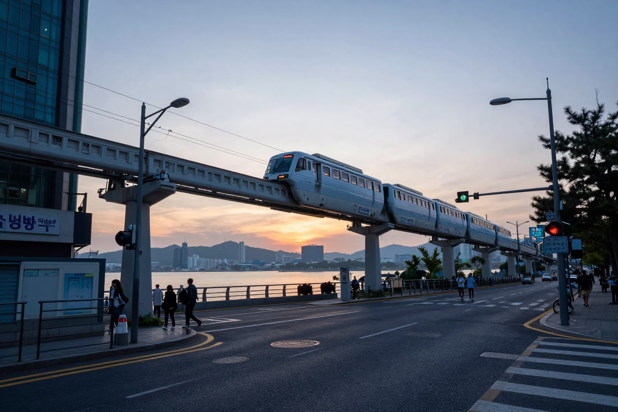 Blue Hour Seoul Street Scene with Monorail and Urban Details Before Sunrise in in Seoul, South Korea