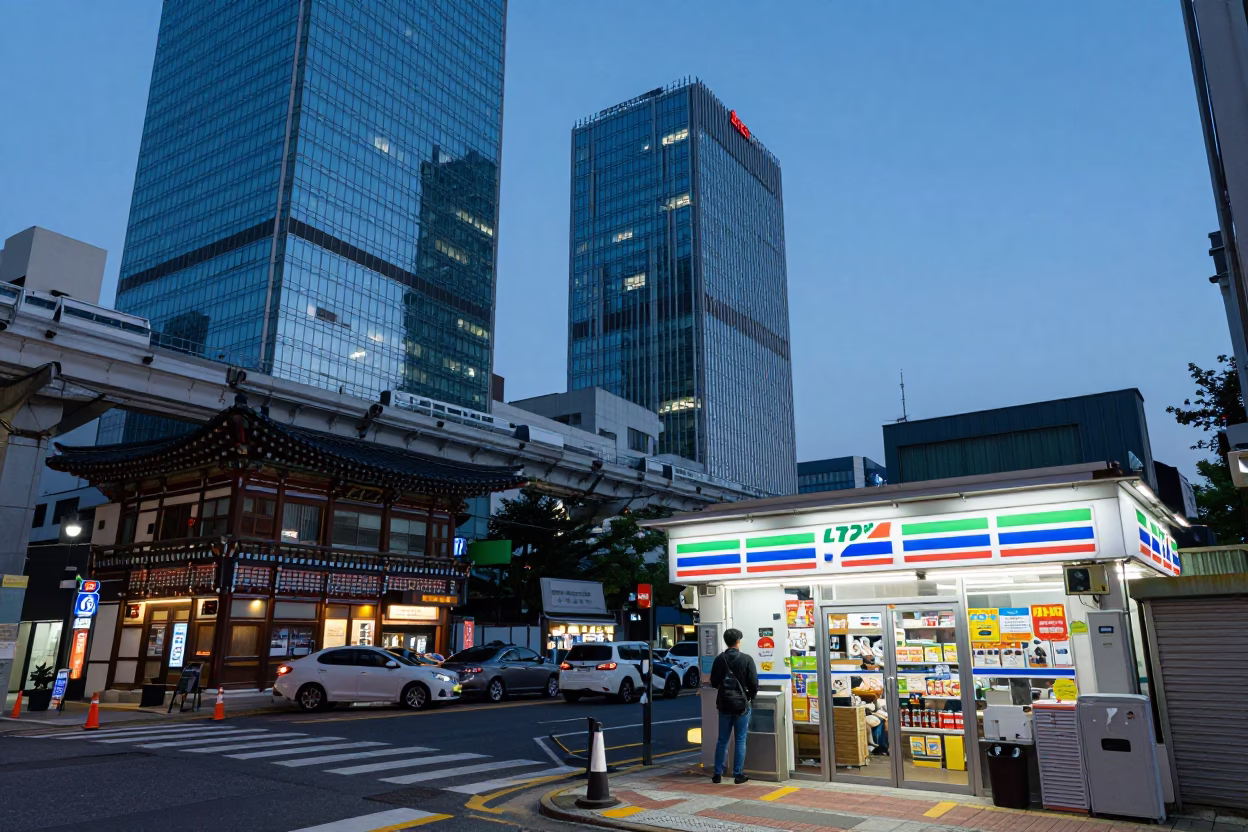 Blue Hour Seoul Street Scene with Monorail Glass Towers and Vintage Notebook in in Seoul, South Korea