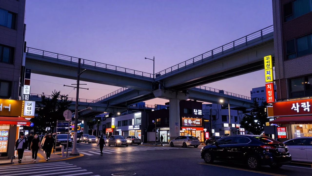 Blue Hour Seoul Street Scene with Neon Signs and Evening Commuters in in Seoul, South Korea