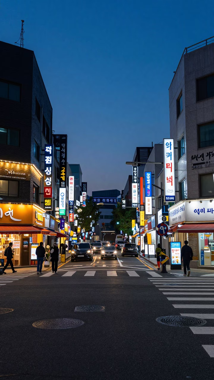 Blue Hour Seoul Street Scene with Neon Signs and Urban Life in in Seoul, South Korea