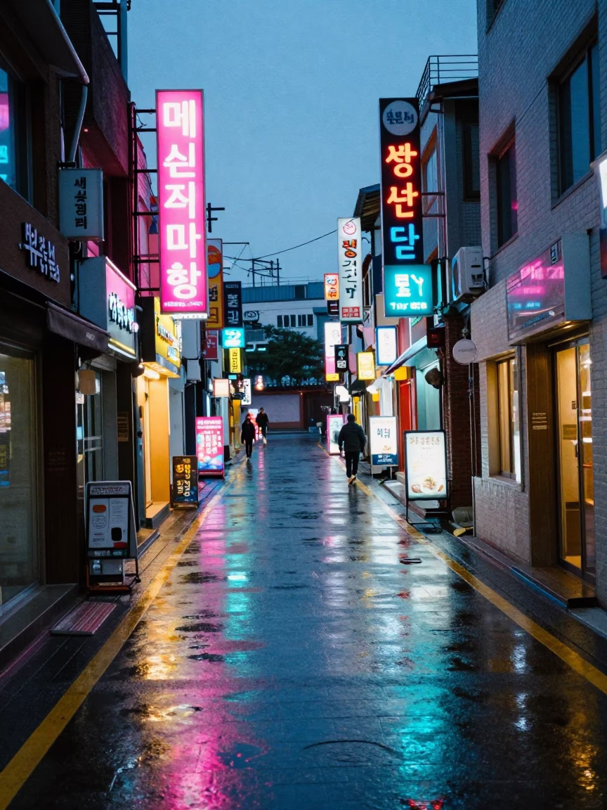 Blue Hour Seoul Street Scene with Neon Signs and Wet Pavement Reflections in in Seoul, South Korea