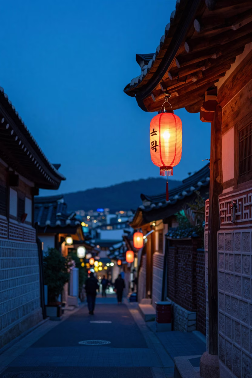 Blue Hour Seoul Street Scene with Paper Lanterns and Wisteria in in Seoul, South Korea