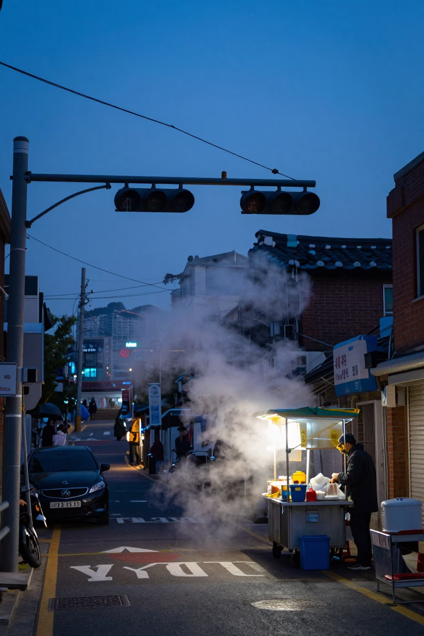 Blue Hour Seoul Street Scene with Signal Gantry and Steam Haze in in Seoul, South Korea