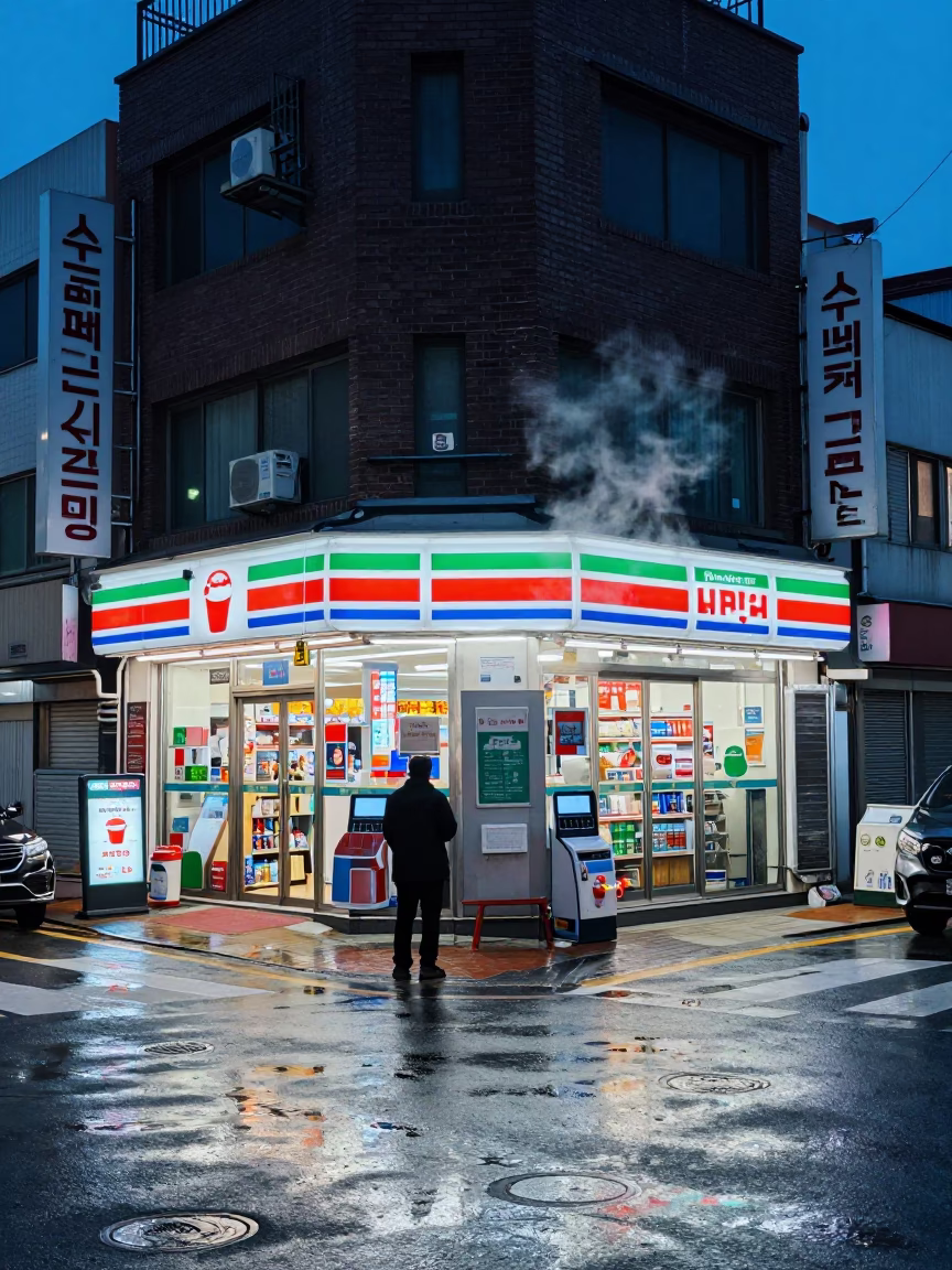 Blue Hour Seoul Street Scene with Steam Rising from a Cup in in Seoul, South Korea