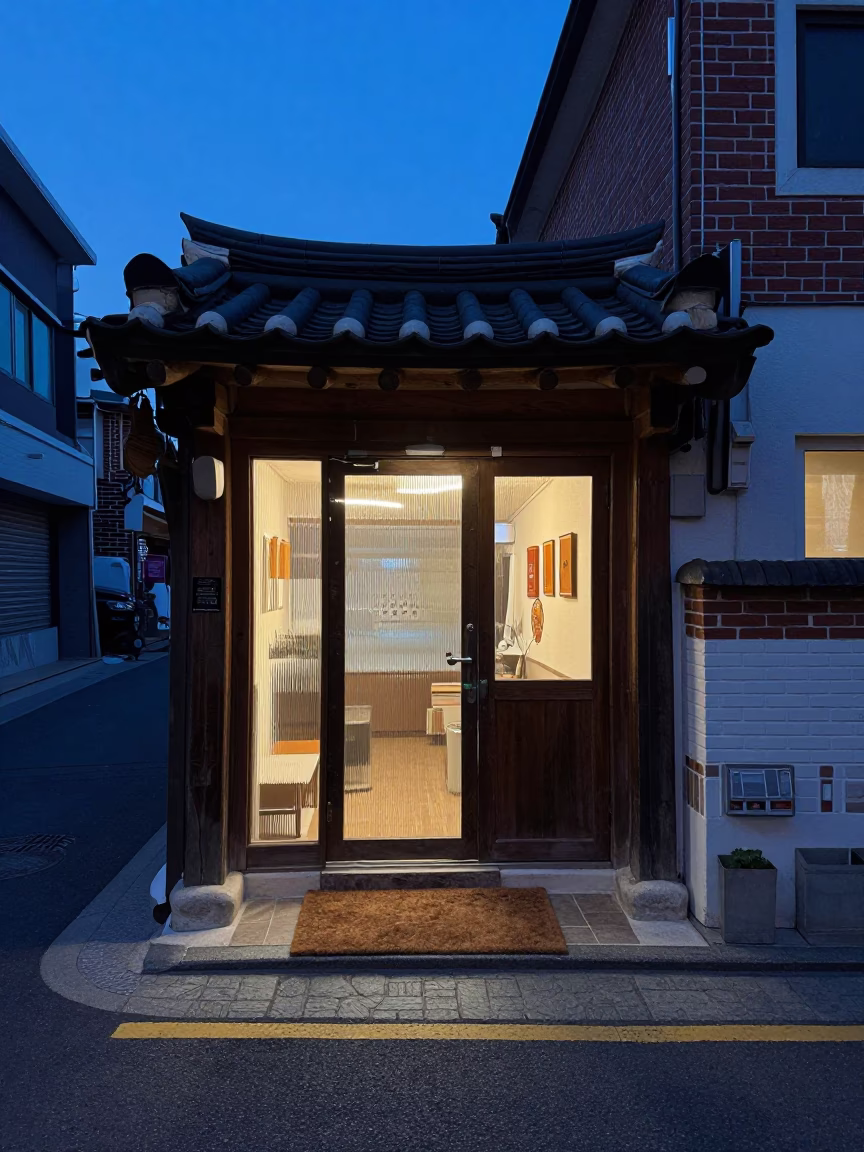 Blue Hour Seoul Street Scene with Traditional Door Mats and Modern Life in in Seoul, South Korea