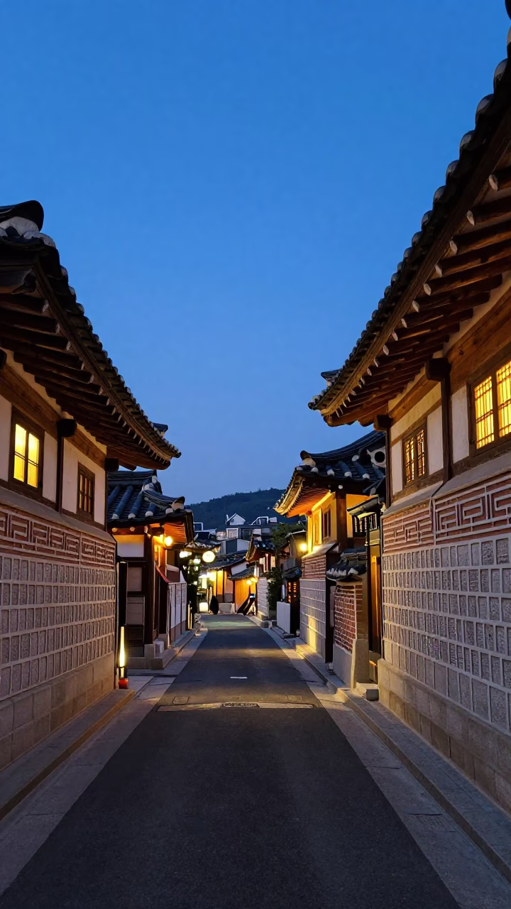 Blue Hour Seoul Street Scene with Traditional Hanok Architecture and Evening Lanterns in in Seoul, South Korea