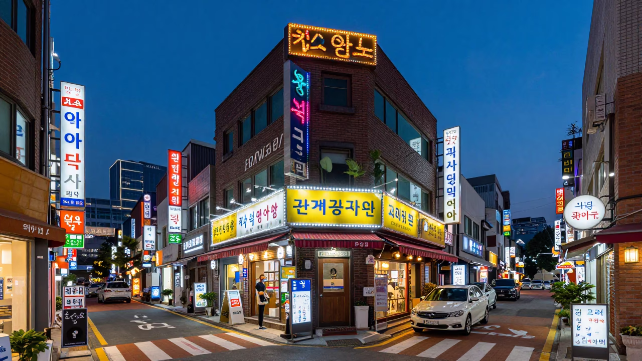 Blue Hour Seoul Street Scene with Vibrant Neon Signs and Urban Life in in Seoul, South Korea