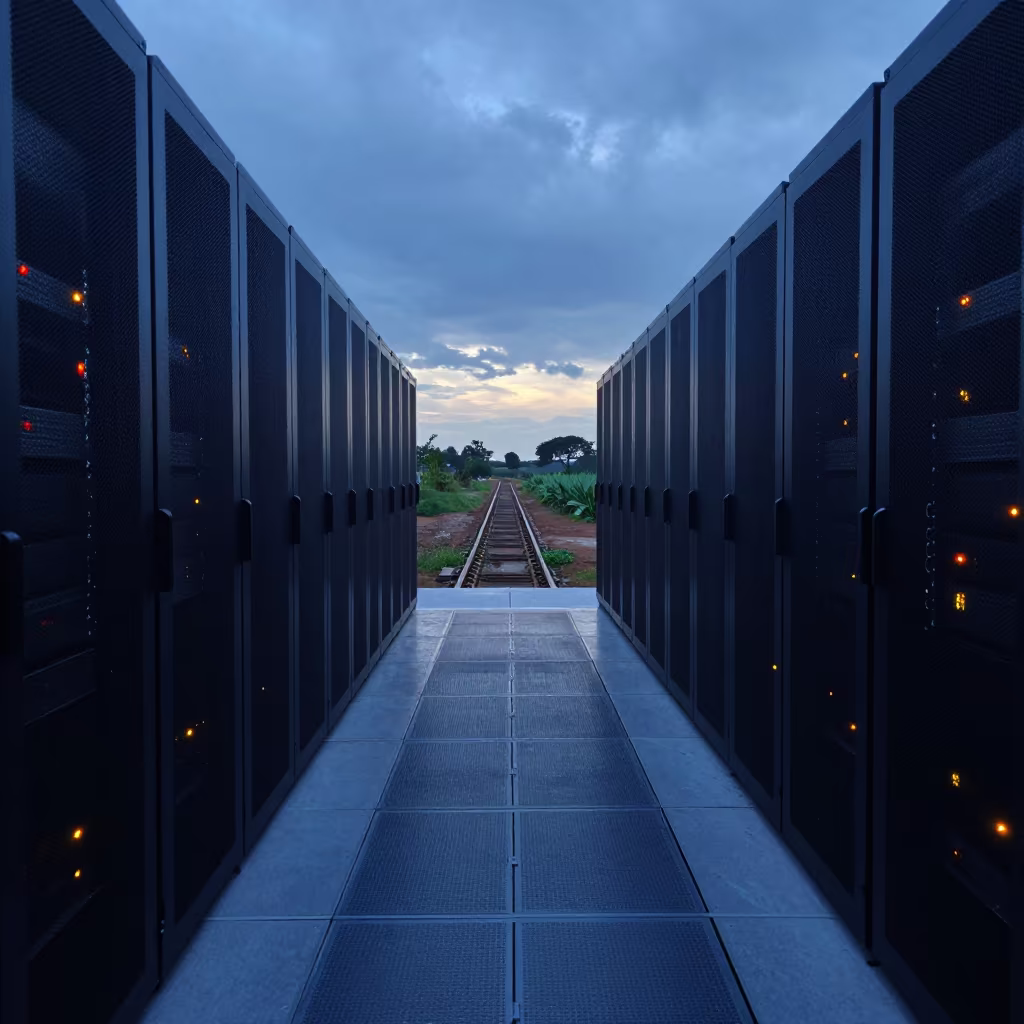 Blue Hour Server Farm Along Tractor Track in beside a tractor track through dark soil in Daura