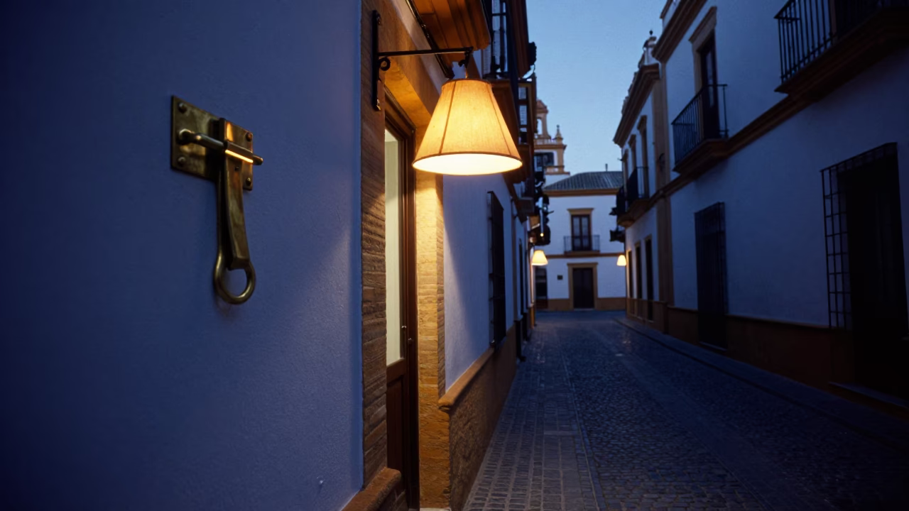 Blue Hour Seville Street Scene with Brass Latch and Lampshade Detail in in Seville, Spain