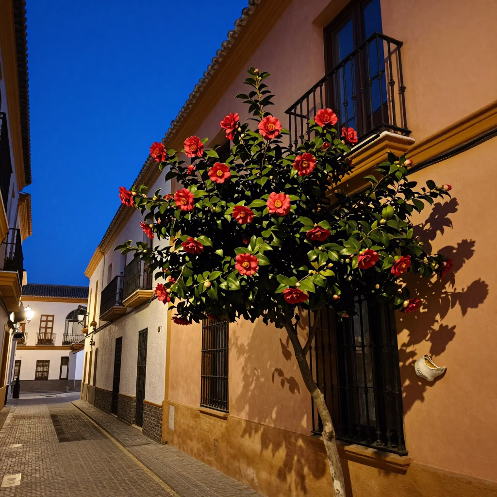 Blue Hour Seville Street Scene with Camellia and Pottery Shard in in Seville, Spain