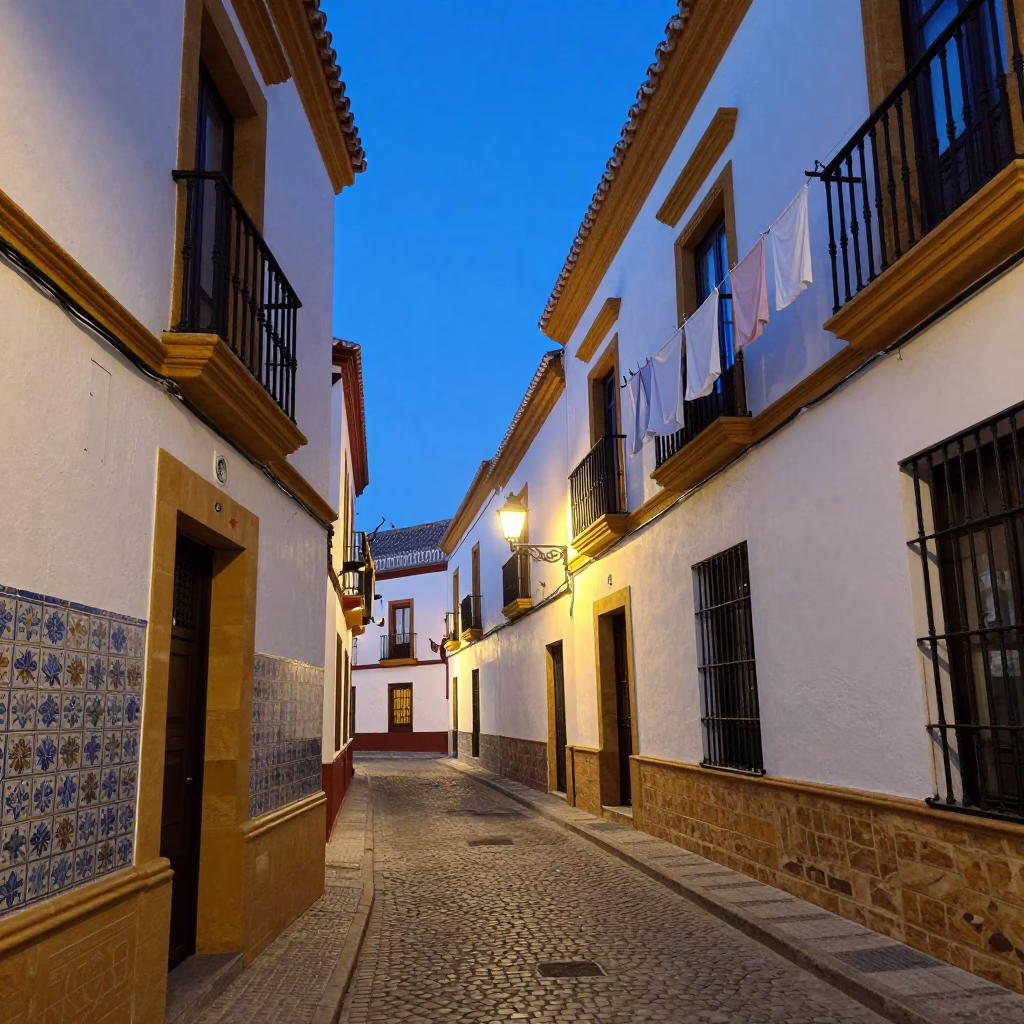 Blue Hour Seville Street Scene with Hanging Laundry and Warm Window Light in in Seville, Spain