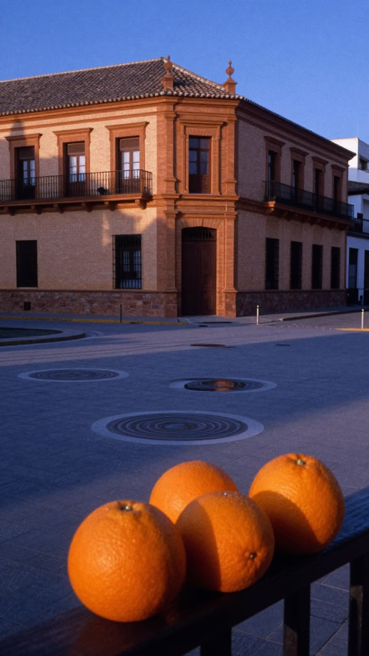 Blue Hour Seville Street Scene with Oranges and Water Rings on Railing in in Seville, Spain