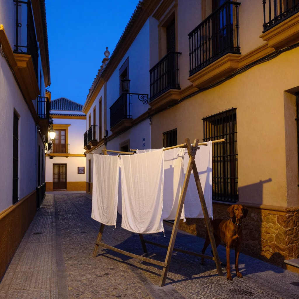 Blue Hour Seville Street Scene with Traditional Drying Rack and Vizsla Dog in in Seville, Spain