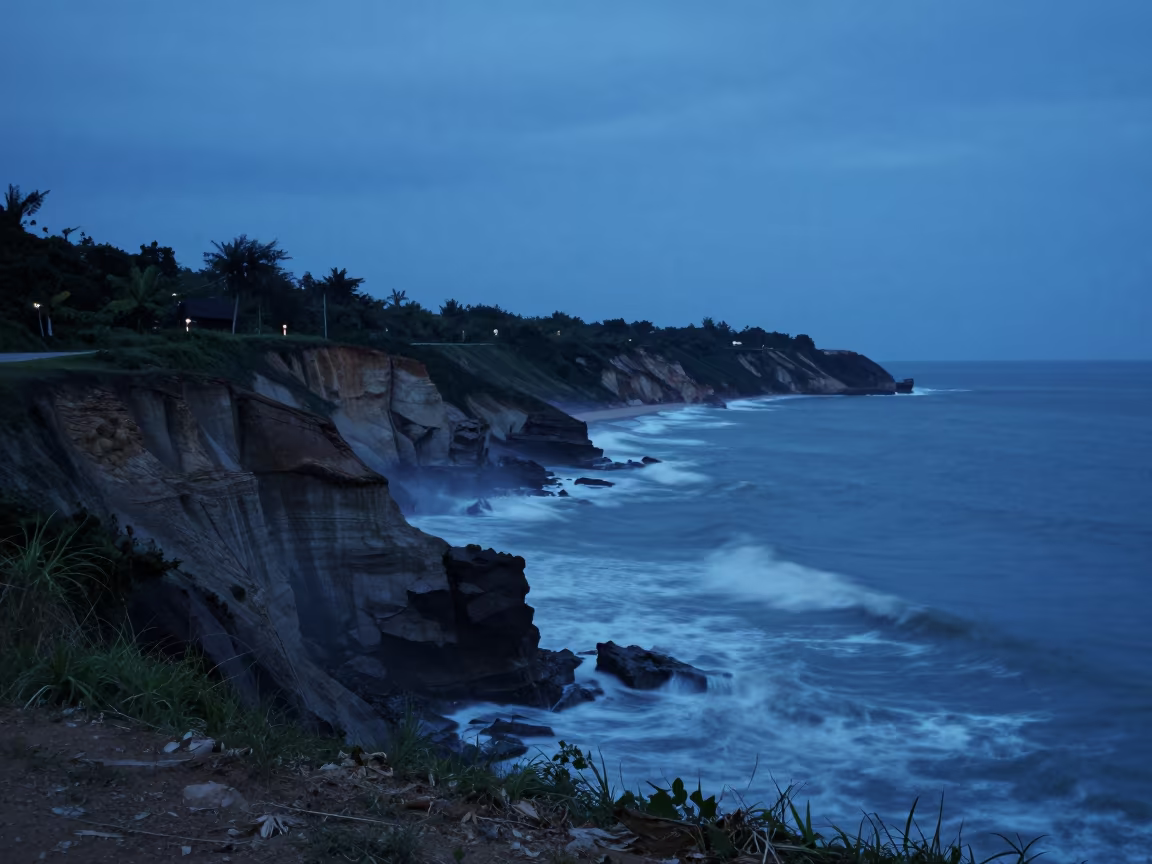 Blue Hour Shadows on Tropical Cliff Foothills in from a ridge above layered foothills near Kuala Terengganu