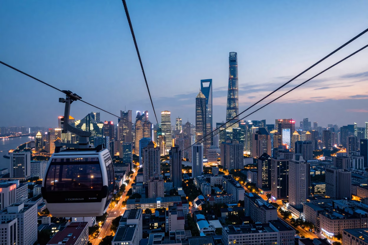 Blue Hour Shanghai Skyline View from Cable Car Over Urban Landscape at Dusk in in Shanghai, China