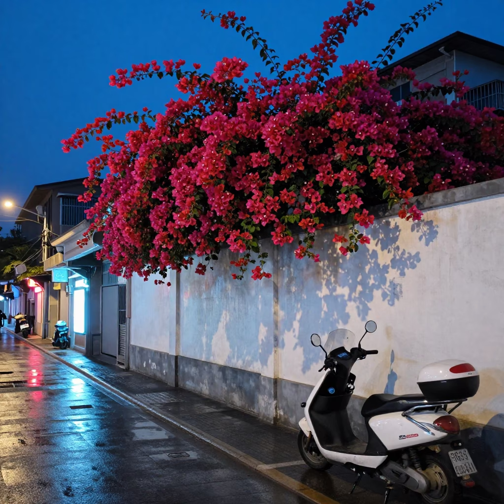 Blue Hour Shanghai Street Scene with Bougainvillea and Scooter in in Shanghai, China