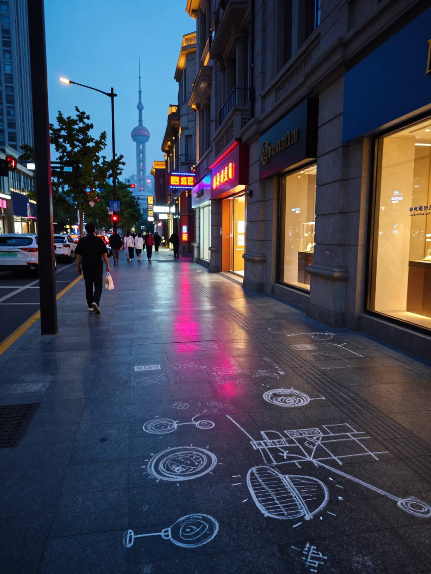 Blue Hour Shanghai Street Scene with Chalk Drawings and Neon Reflections in in Shanghai, China